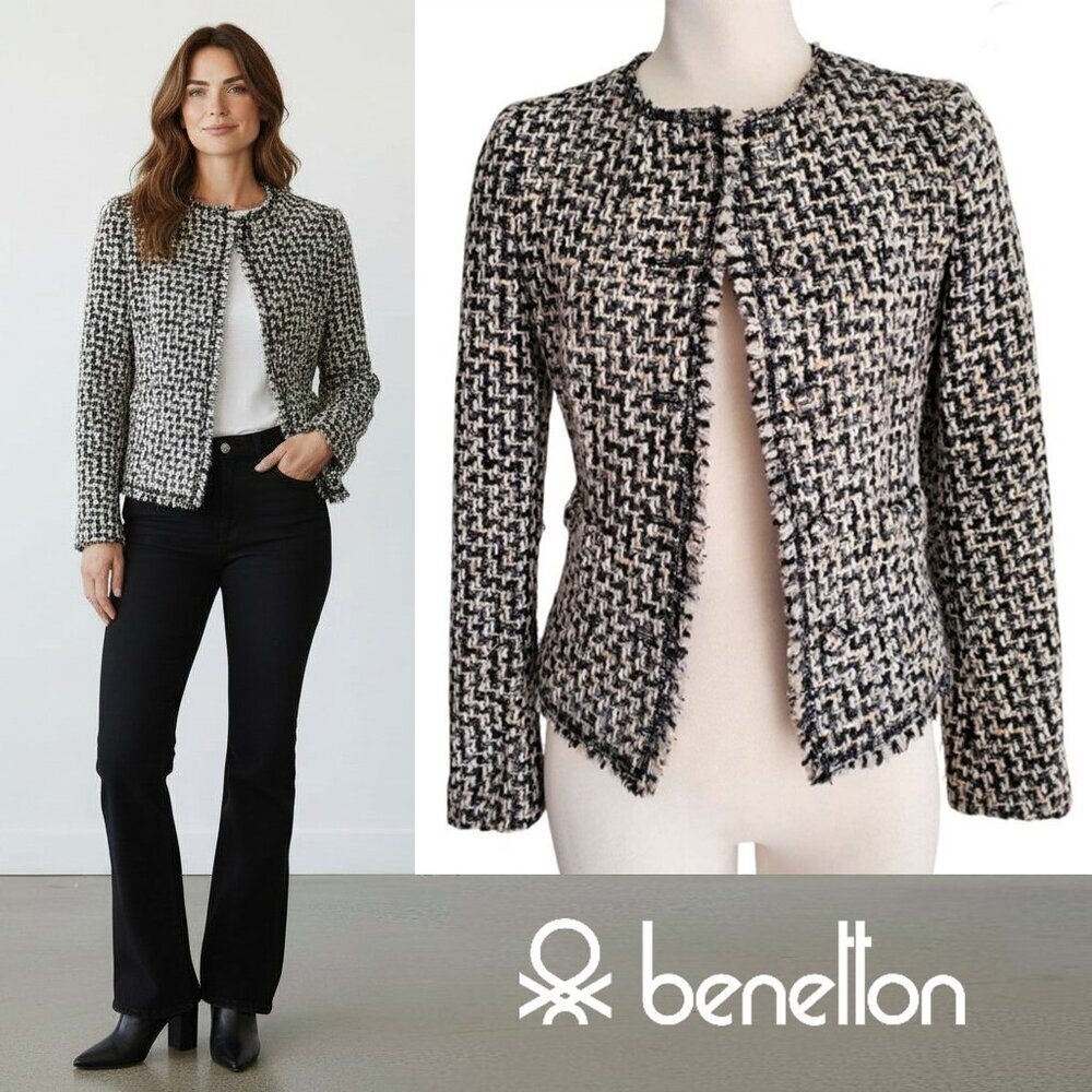 Boucle Tweed Jacket Clueless Chic Preppy Posh Academia Frayed Trim Cropped XS